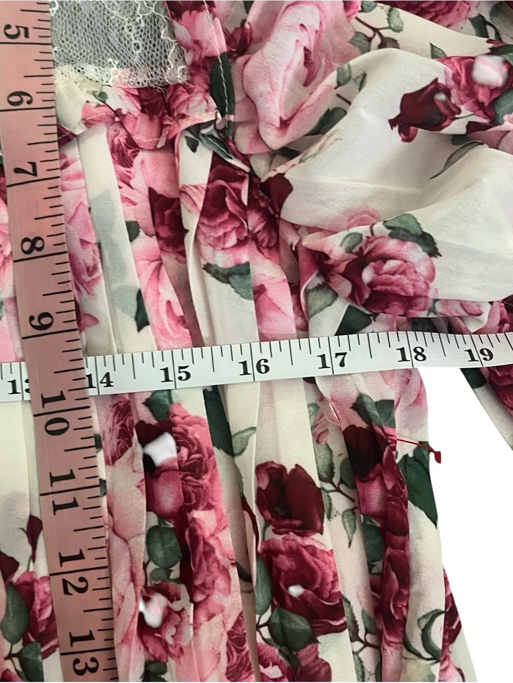 Aura Encourage Her Ivory Multi Floral Print Top Lace Yoke Ruffle Trim Pink M - Picture 5 of 7